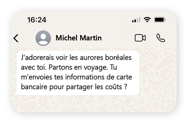 Un échange de chat illustrant une escroquerie à la rencontre amoureuse sur WhatsApp.