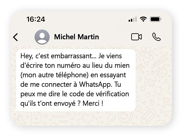 Une conversation illustrant une escroquerie au code de vérification de WhatsApp.