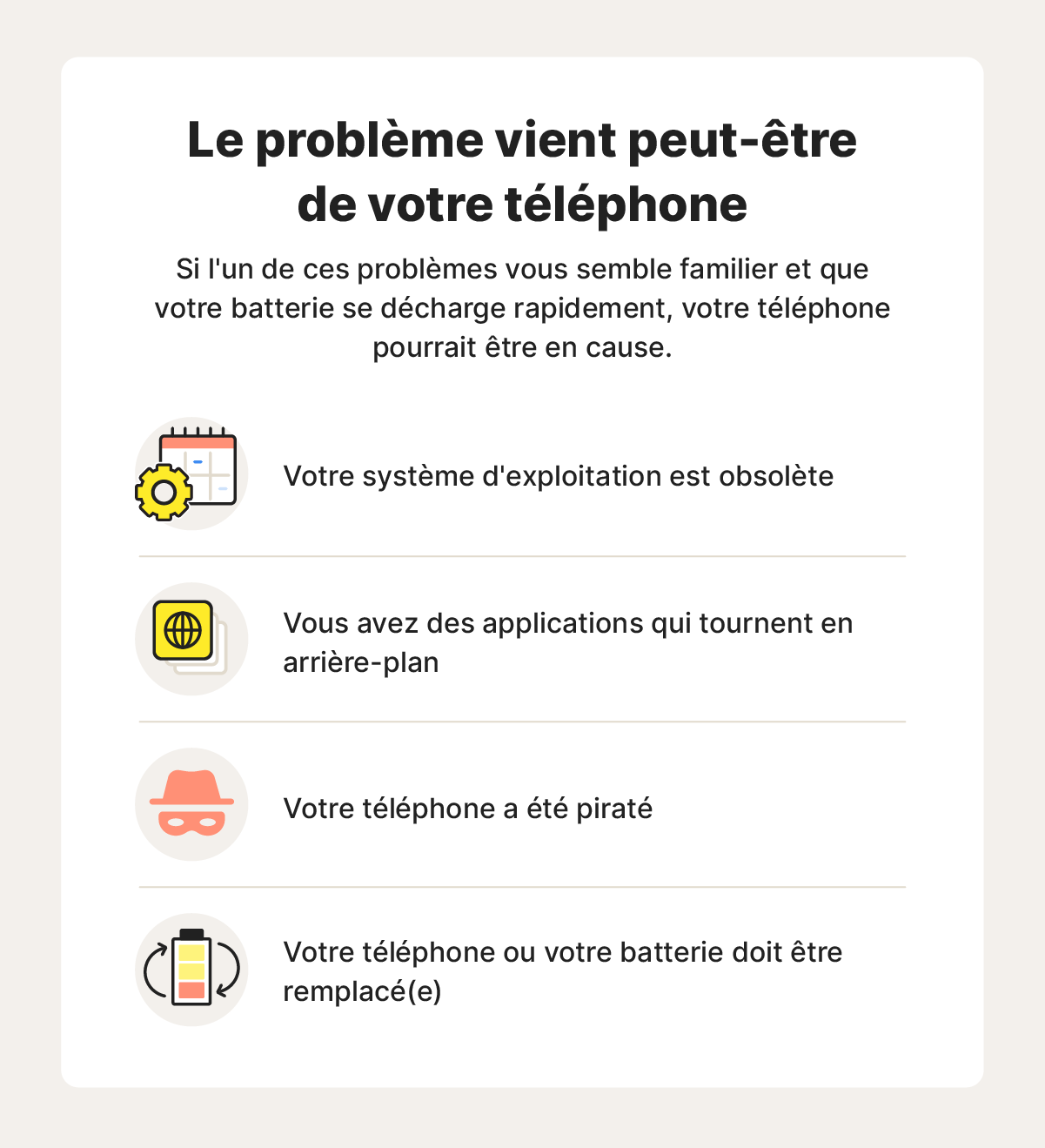 Une image présentant certains problèmes liés au téléphone qui pourraient accélérer l'épuisement de votre batterie.