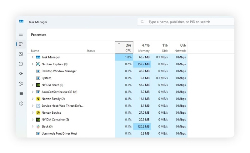 Capture d'écran montrant l'utilisation du processeur via le Gestionnaire des tâches d'un PC.
