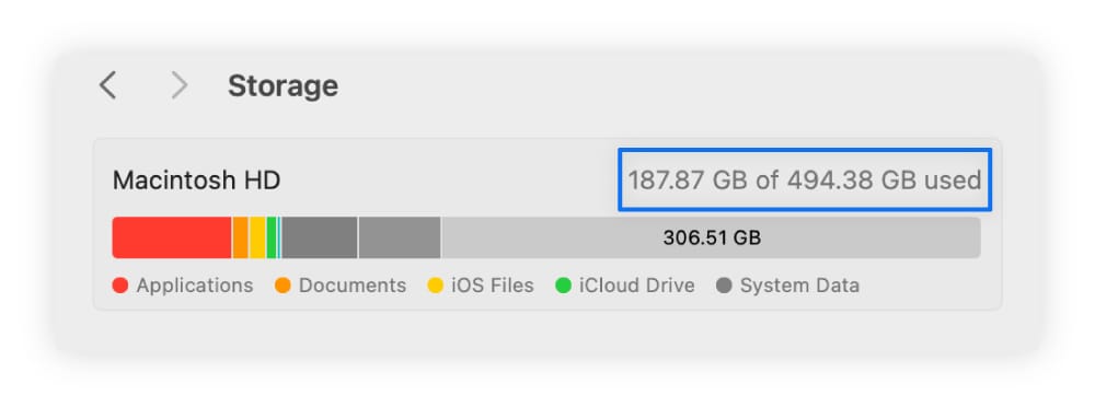 Capture d'écran montrant les statistiques de stockage d'un ordinateur Mac.