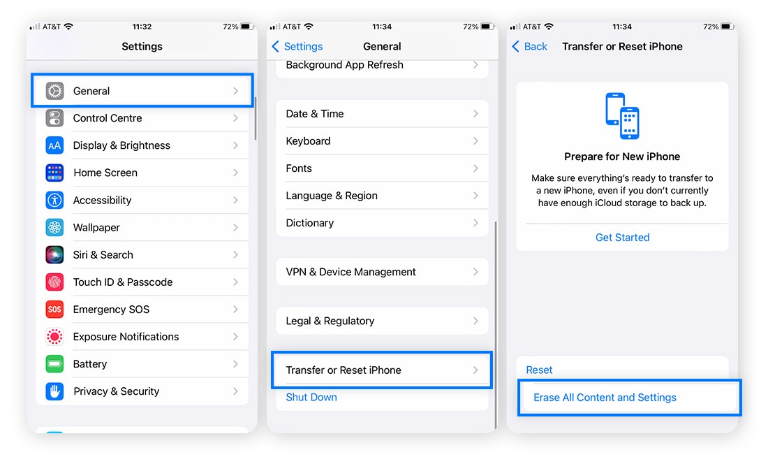 Captures d'écran provenant des réglages iOS > Général > Transférer ou réinitialiser l'iPhone.