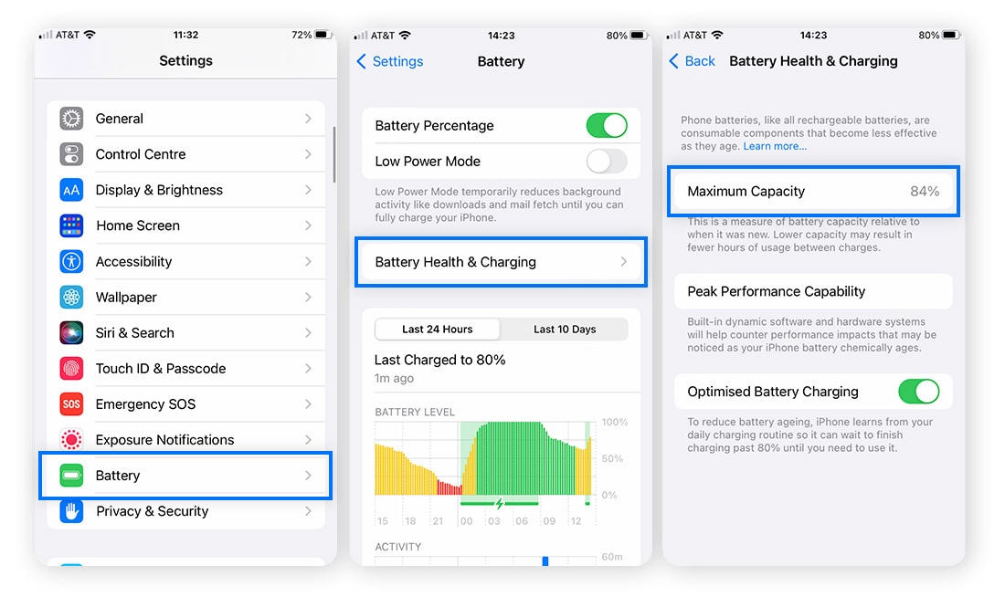 Capture d'écran des réglages iOS > Batterie > État et charge de la batterie.
