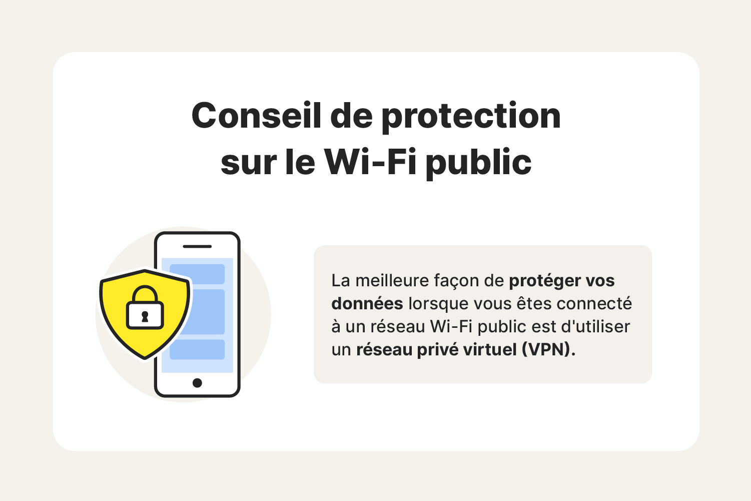 Infographie contenant un conseil sur la façon de protéger vos données lors de l'utilisation d'un réseau Wi-Fi public.