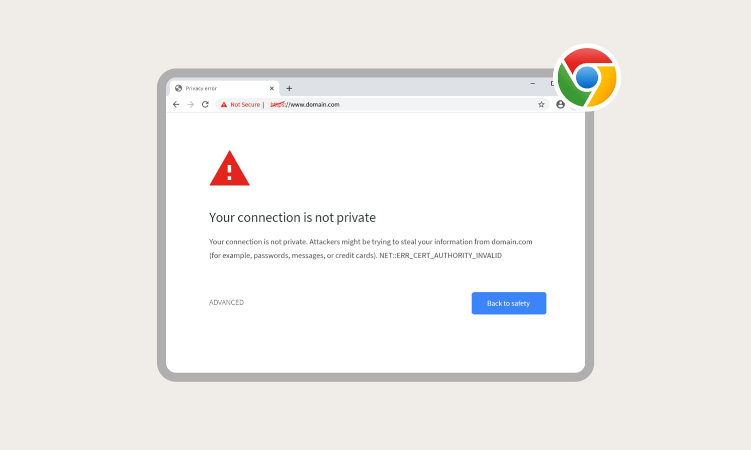 Capture d'écran d'un message d'erreur « Votre connexion n'est pas privée » sur Google Chrome.